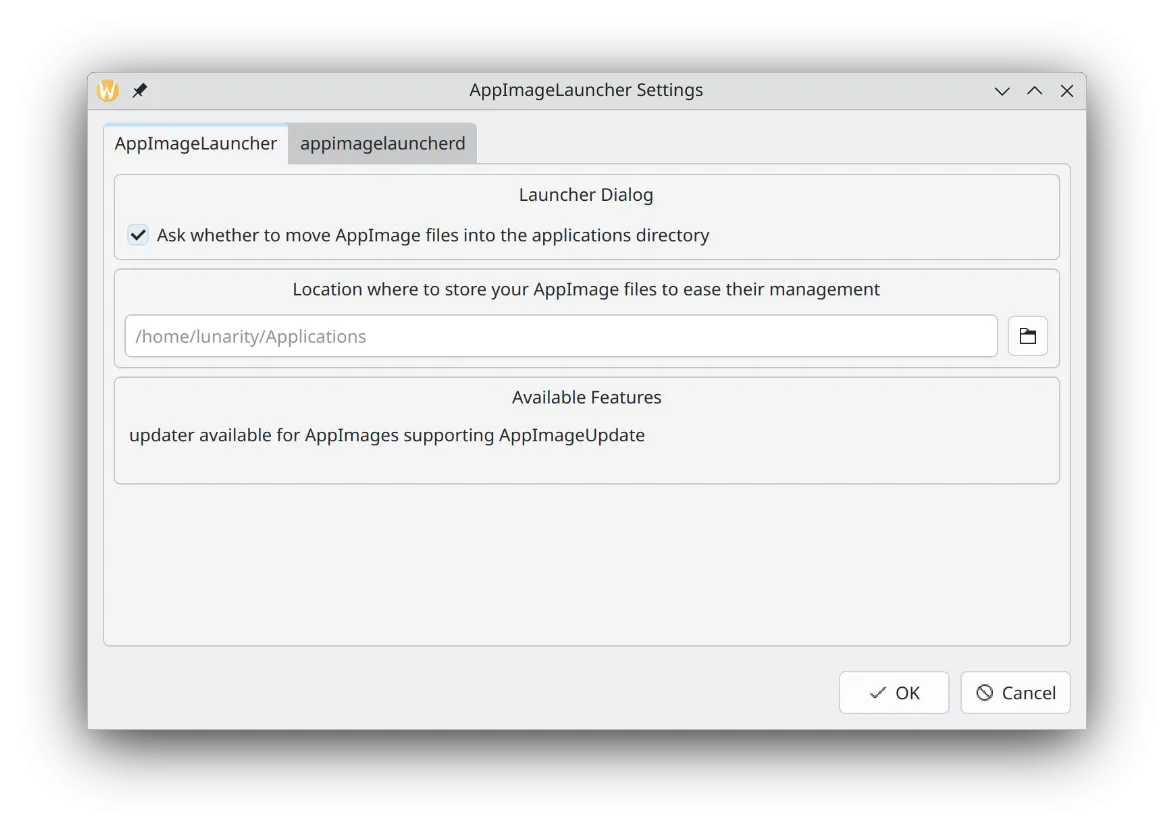 Giao diện cài đặt của AppImageLauncher trên hệ điều hành Kubuntu, hiển thị tùy chọn quản lý AppImage.