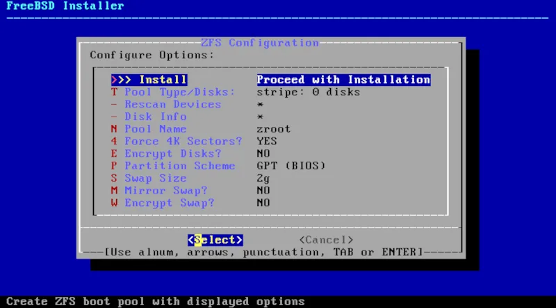Giao diện cài đặt FreeBSD với tùy chọn phân vùng ổ đĩa tự động
