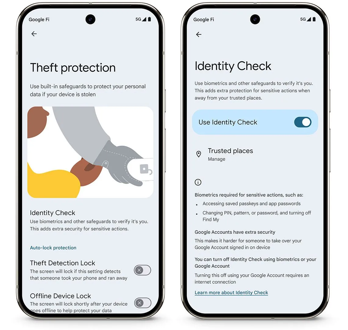Giao diện cài đặt tính năng Identity Check trong mục bảo vệ chống trộm trên Android 15, hiển thị tùy chọn xác thực sinh trắc học ngoài vị trí tin cậy