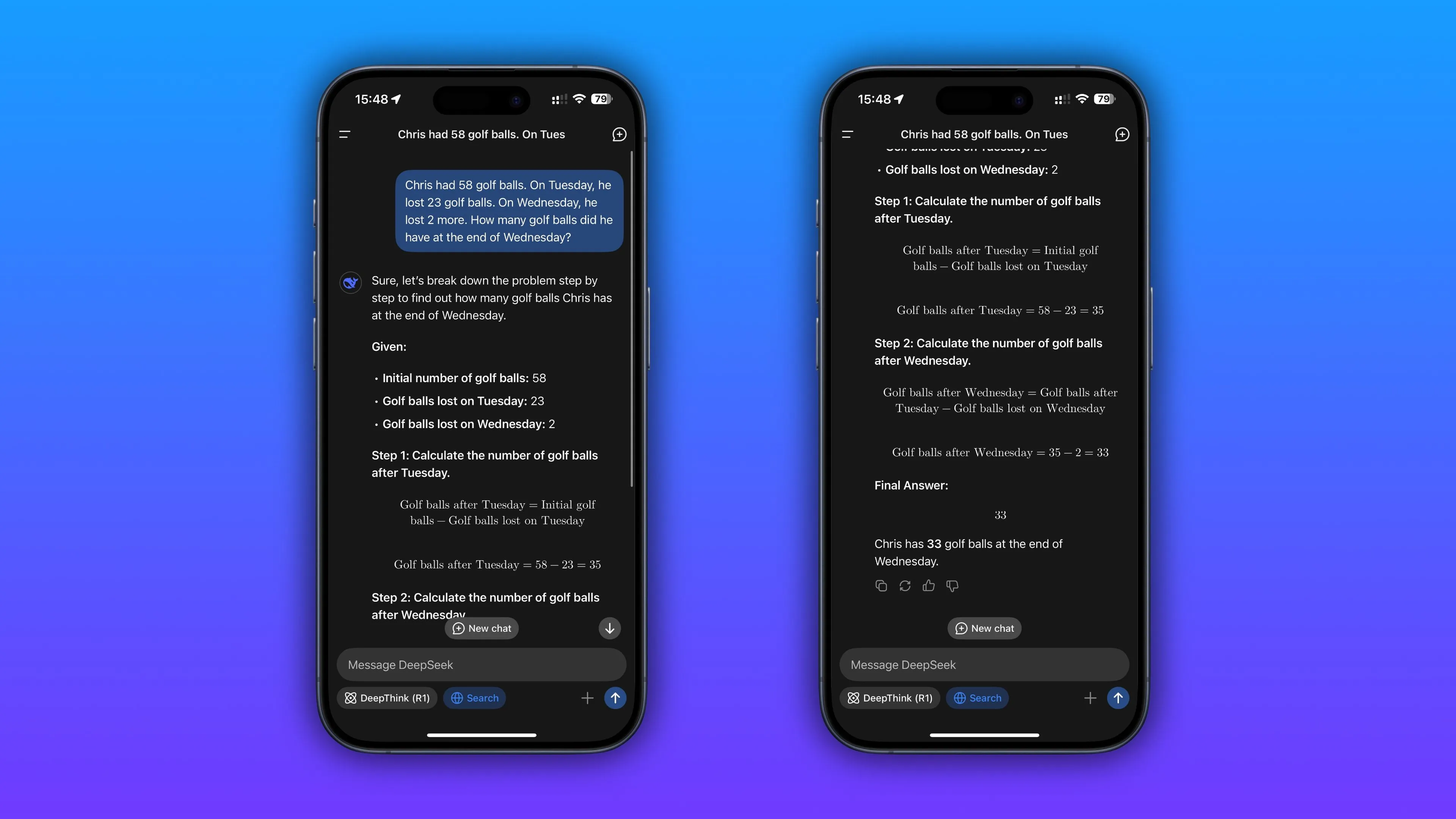 Giao diện chatbot DeepSeek AI trên iPhone hiển thị quá trình suy luận và đưa ra câu trả lời.