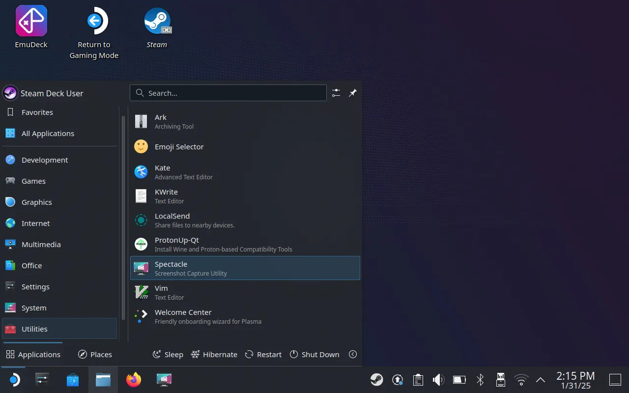 Giao diện công cụ Spectacle giúp chụp màn hình trên SteamOS Desktop Mode