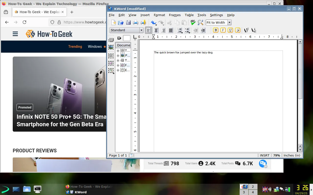 Giao diện EXE GNU/Linux với trình duyệt Firefox và ứng dụng văn bản KWord đang chạy trên desktop Trinity