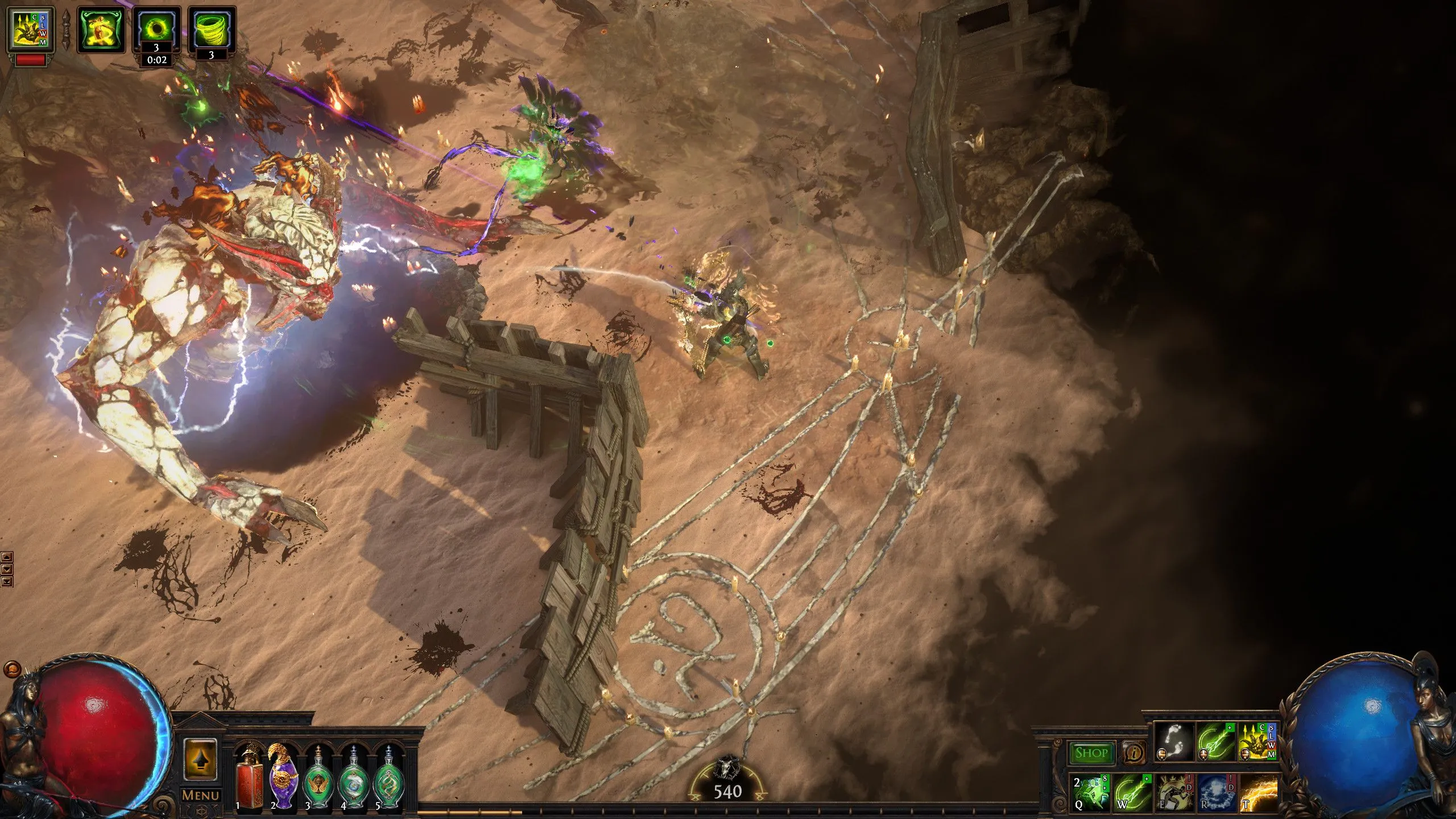Giao diện gameplay của Path of Exile với nhiều hiệu ứng kỹ năng và kẻ địch, minh họa lối chơi nhập vai hành động (ARPG) giống Diablo.