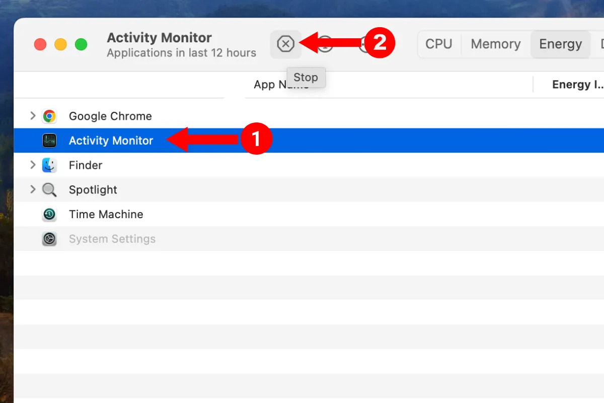 Giao diện Giám sát Hoạt động (Activity Monitor) trên macOS hiển thị mức tiêu thụ năng lượng của ứng dụng.
