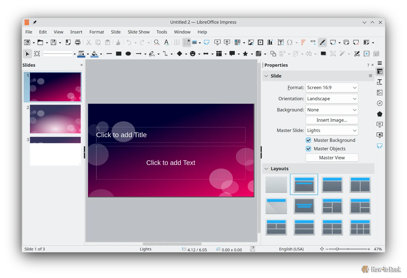 Giao diện LibreOffice Impress, công cụ thuyết trình tương đương PowerPoint, trên Kubuntu.