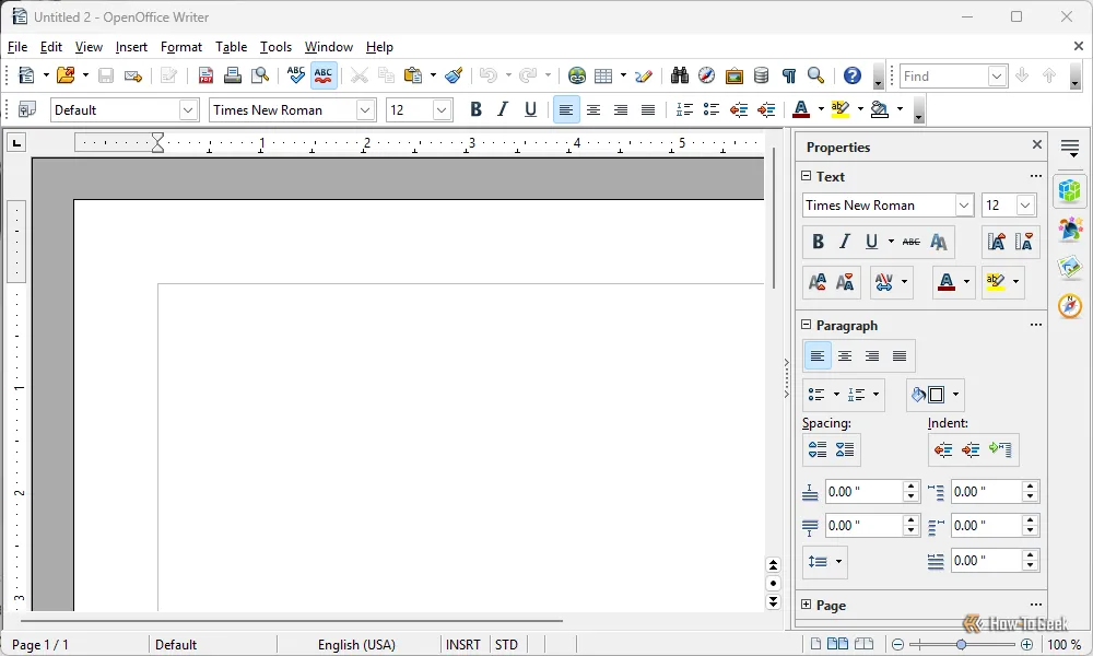 Giao diện người dùng OpenOffice Writer với thanh công cụ tiêu chuẩn và menu bên phải.