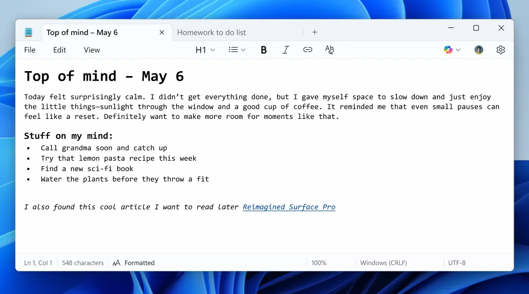 Giao diện Notepad mới hỗ trợ định dạng Markdown và thanh công cụ tiện lợi trên Windows 11