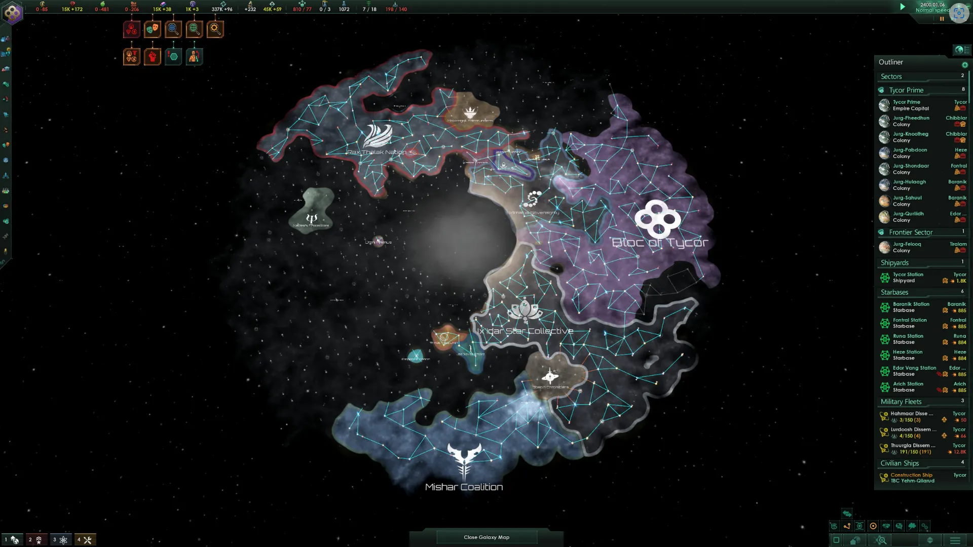 Giao diện quản lý đế chế không gian trong Stellaris, cho thấy lợi thế của phiên bản PC với nội dung cập nhật và mod phong phú.
