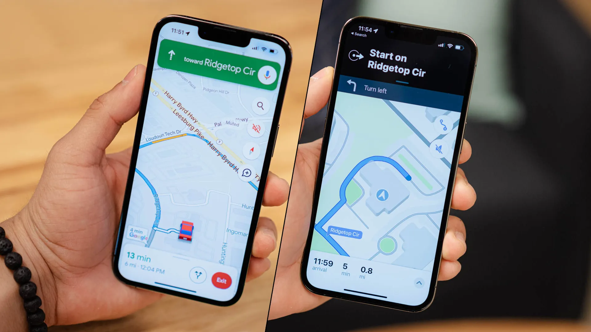 Giao diện so sánh Google Maps và Apple Maps trên màn hình điện thoại, minh họa sự cạnh tranh giữa hai ứng dụng bản đồ phổ biến.