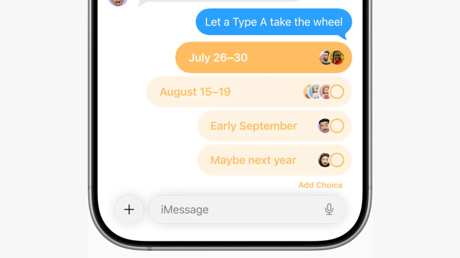 Giao diện tạo thăm dò ý kiến (Poll) trong ứng dụng Tin nhắn Apple trên iOS 26, giúp người dùng dễ dàng thu thập phản hồi từ nhóm chat.
