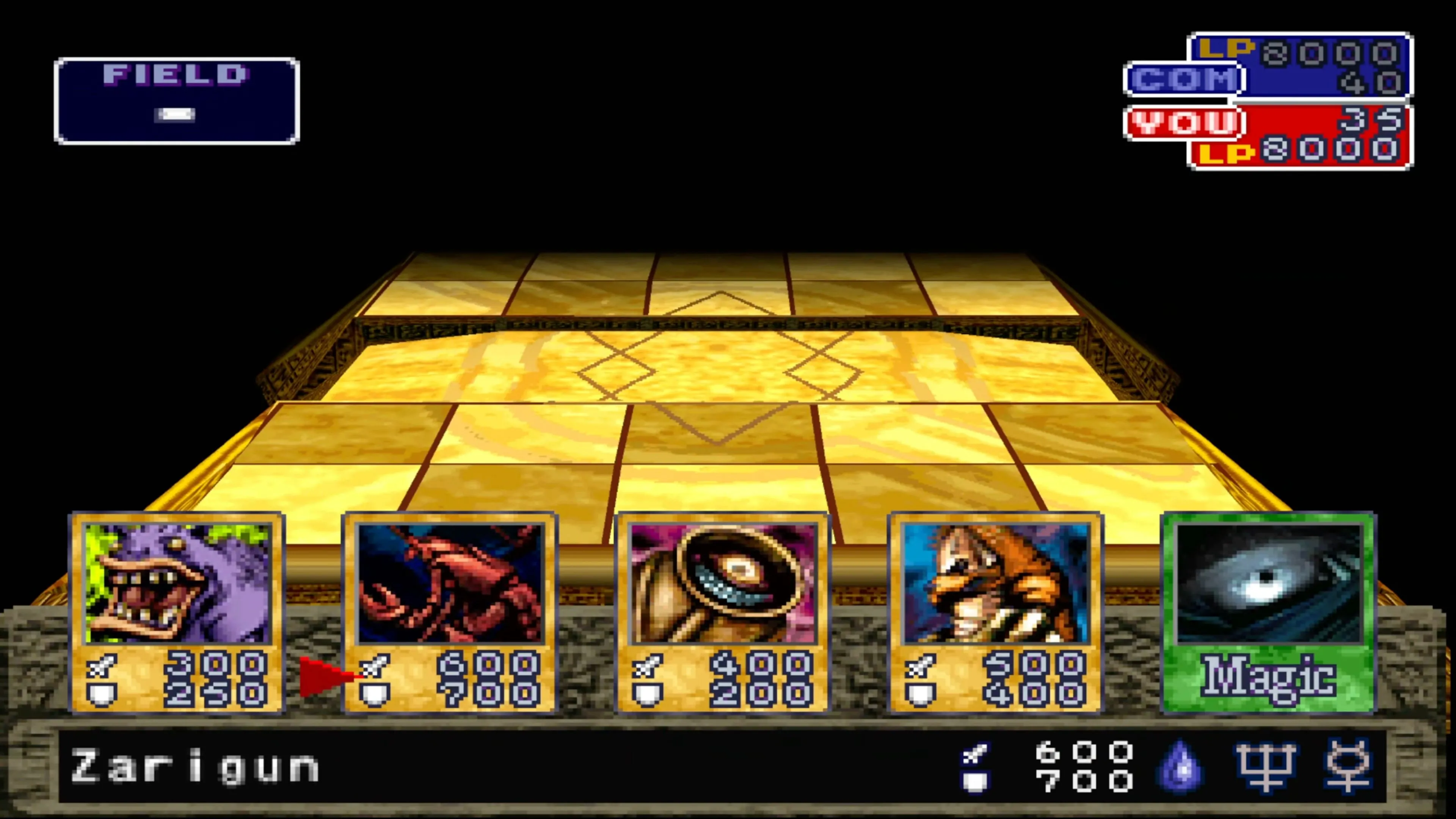 Giao diện trận đấu trong Yu-Gi-Oh Forbidden Memories với hai đấu thủ