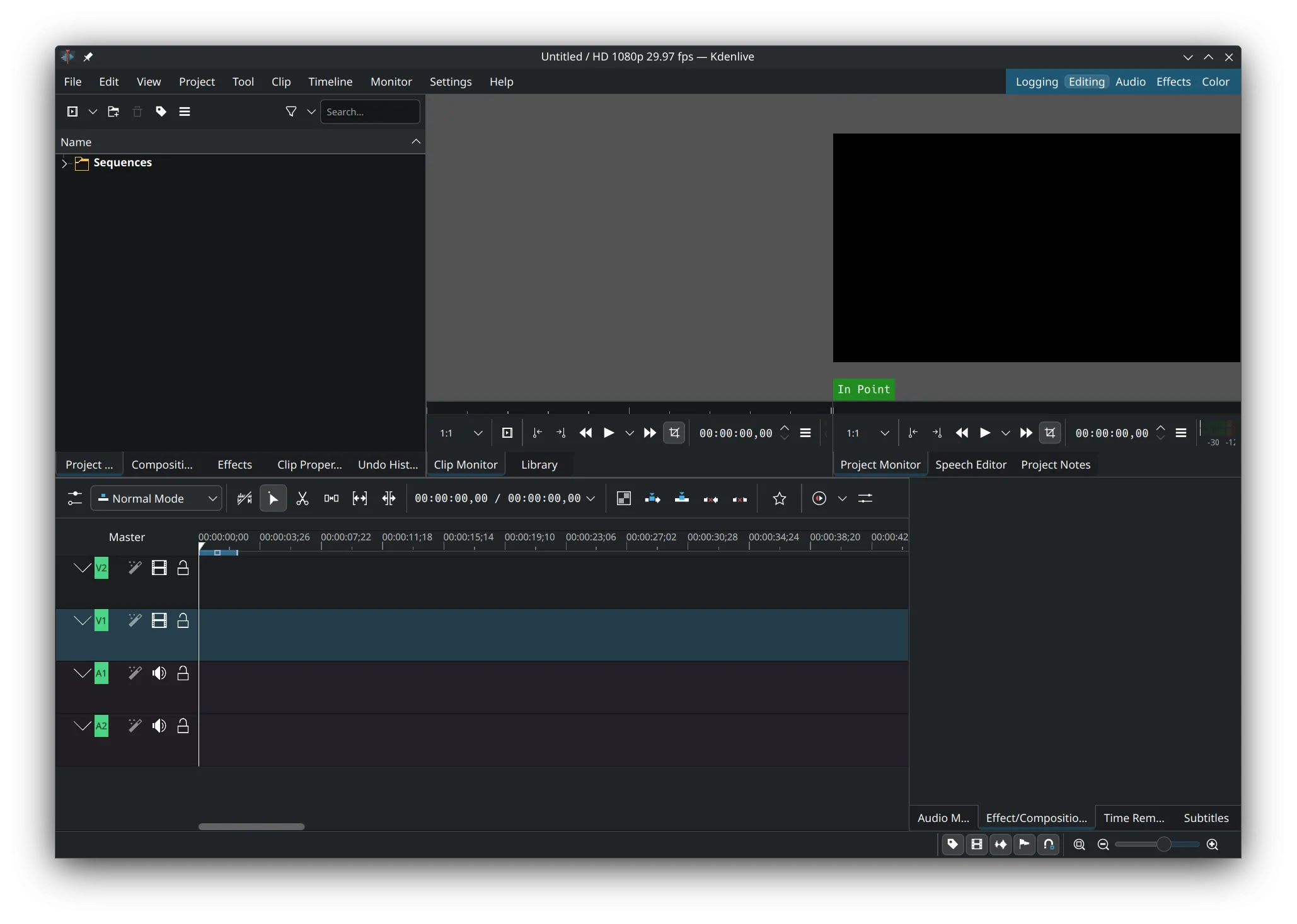Giao diện trình chỉnh sửa video KdenLive đang hoạt động trên Kubuntu, minh họa khả năng biên tập chuyên nghiệp.