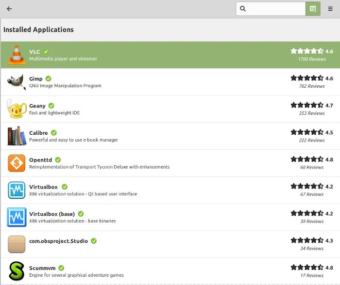 Giao diện Trình quản lý phần mềm trên Linux Mint hiển thị danh sách các ứng dụng có sẵn.