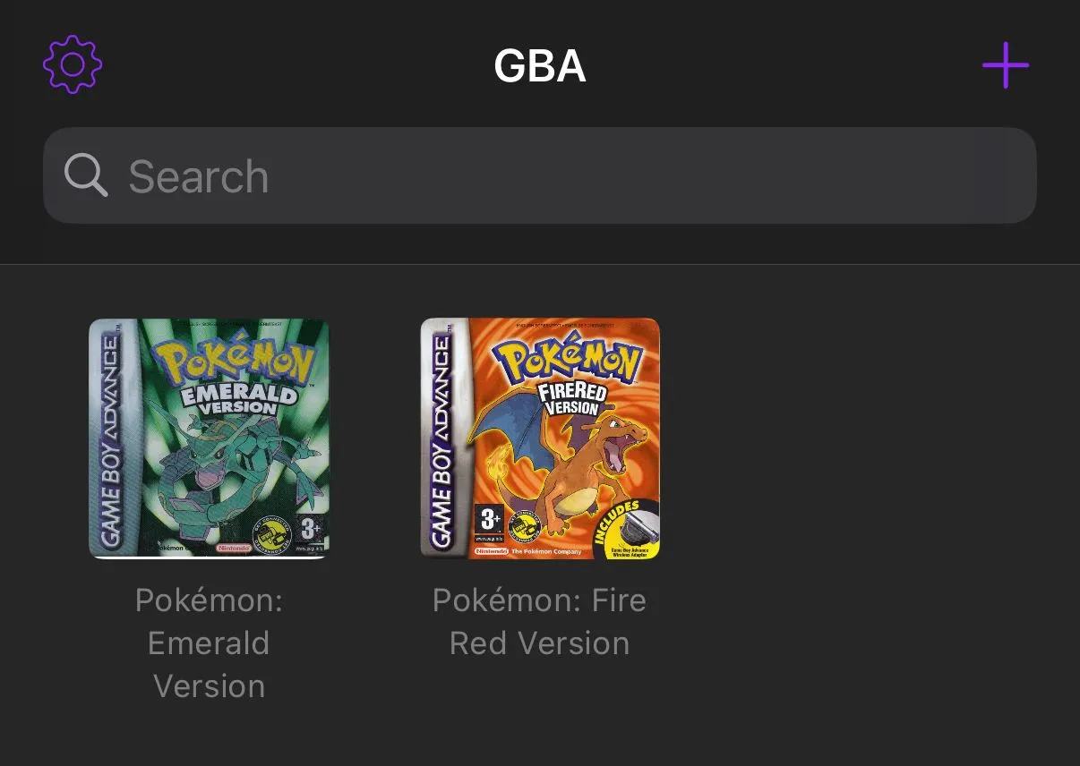 Giao diện ứng dụng giả lập Delta hiển thị các tệp ROM game Pokémon trong thư viện