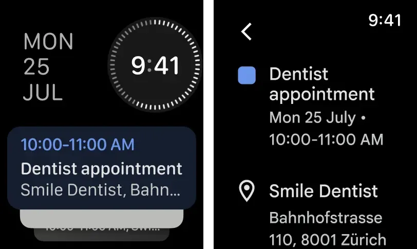 Giao diện ứng dụng Google Calendar hiển thị danh sách sự kiện dưới dạng thẻ màu trên Apple Watch.