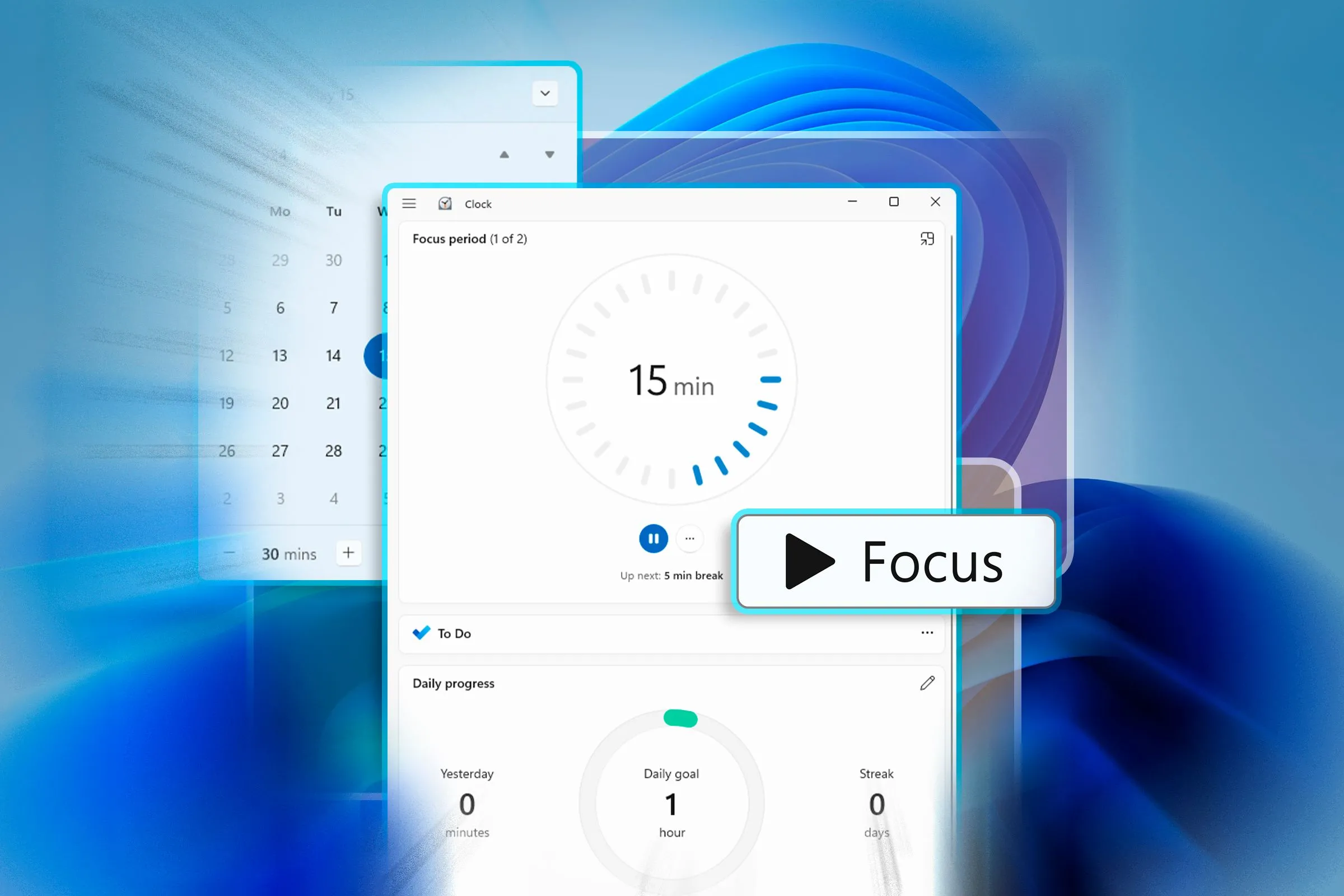 Giao diện Windows 11 với ứng dụng Clock ở chế độ Focus