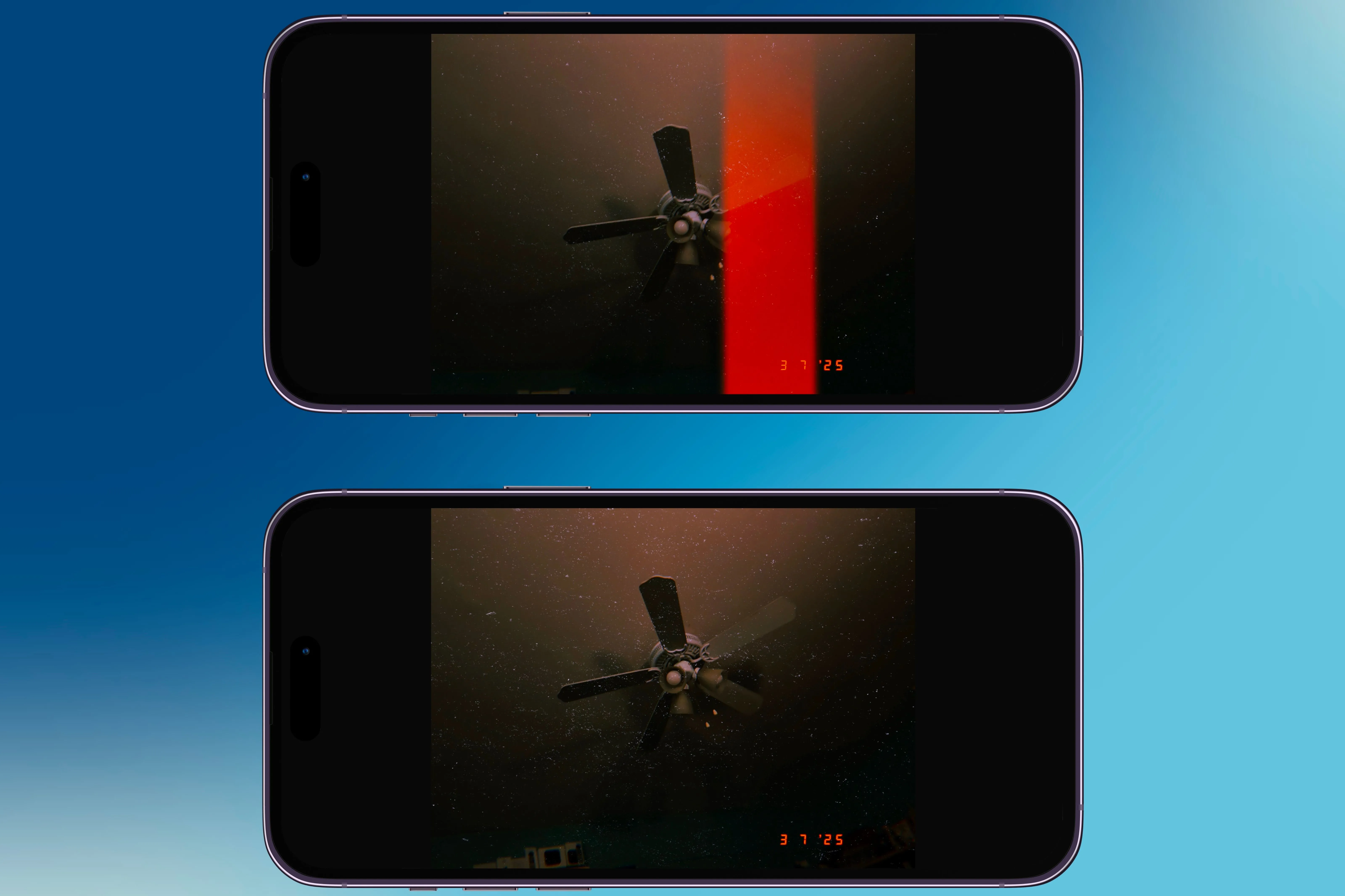 Hai bức ảnh chụp từ ứng dụng HUJI Cam trên màn hình iPhone, thể hiện hiệu ứng máy ảnh dùng một lần.