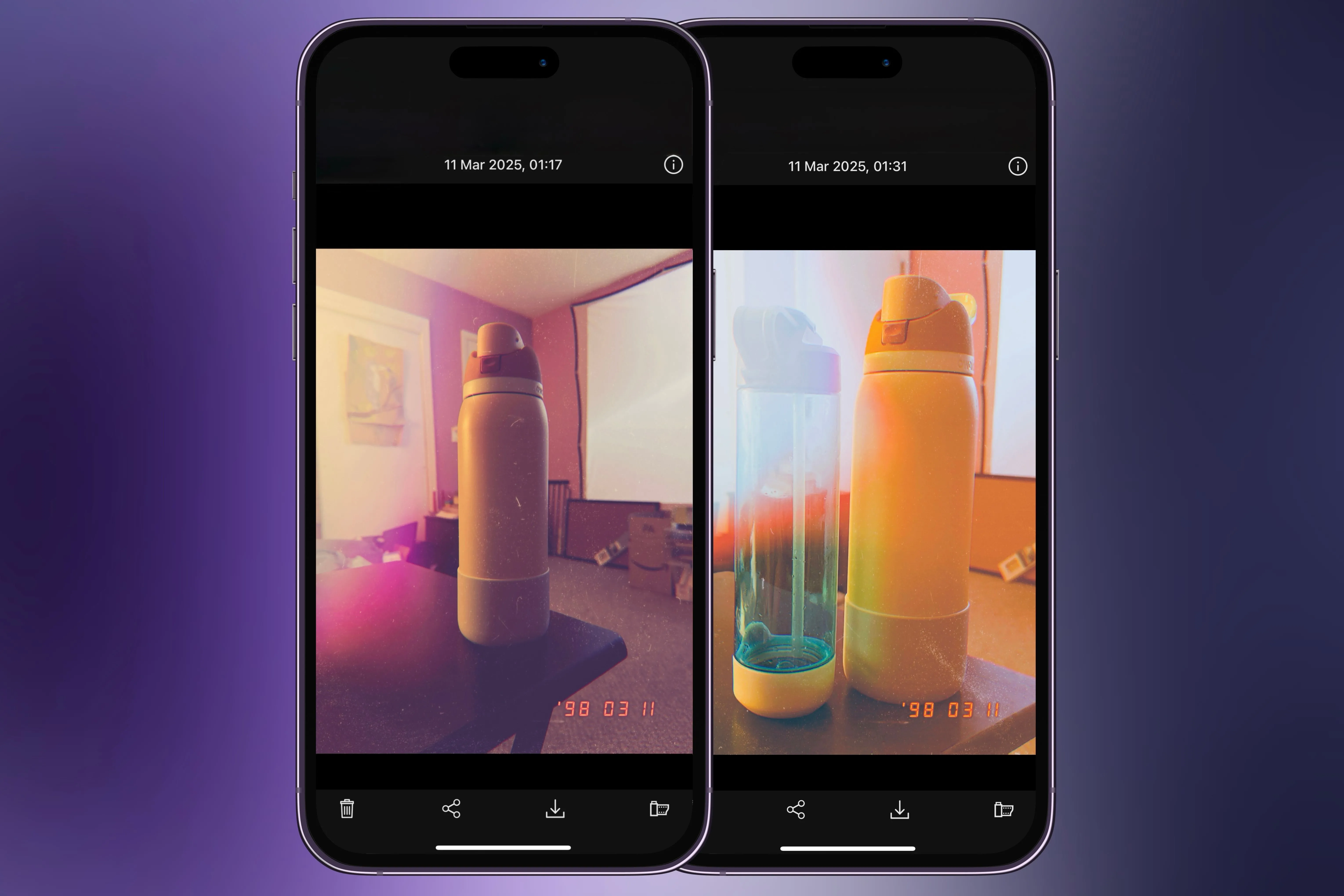 Hai chiếc iPhone hiển thị ảnh chai nước được chụp và chỉnh sửa bằng ứng dụng 1998 Cam, mang đậm phong cách cổ điển.