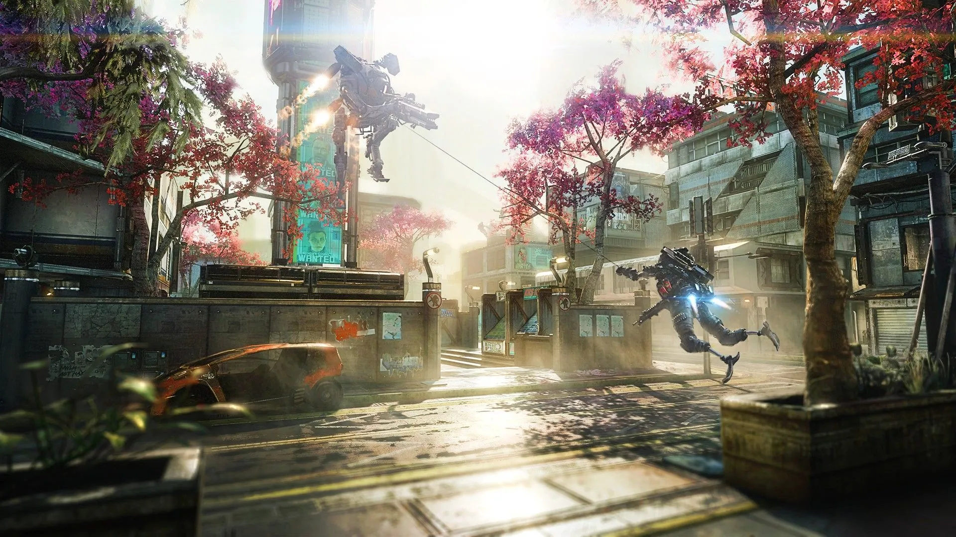Hai người chơi bay gần nhau bằng dây móc trong Titanfall 2, thể hiện lối chơi parkour tốc độ cao.
