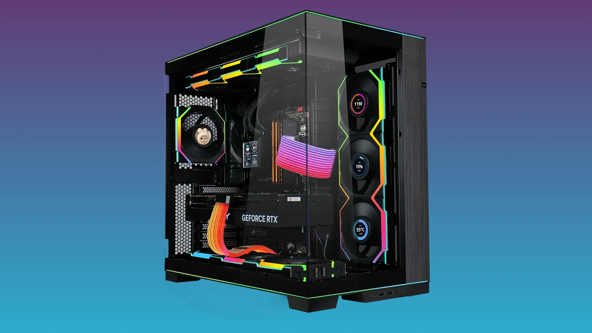 Hệ thống bảy quạt Lian Li UNI Fan SL - LCD Wireless 120 bên trong vỏ case PC, nổi bật với màn hình LCD và hiệu ứng RGB