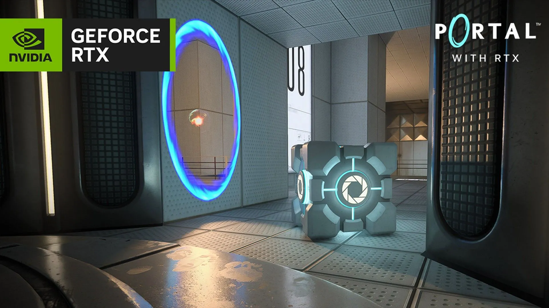 Hiệu ứng ánh sáng chân thực từ Ray Tracing và Path Tracing trên một khối lập phương trong game Portal