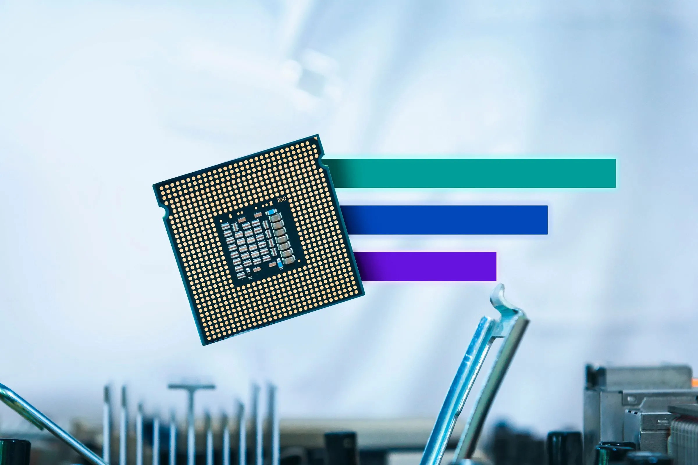 Hình ảnh bộ vi xử lý (CPU) với các biểu đồ hiệu suất, minh họa tầm quan trọng của việc lựa chọn CPU cho tương lai hệ thống gaming.
