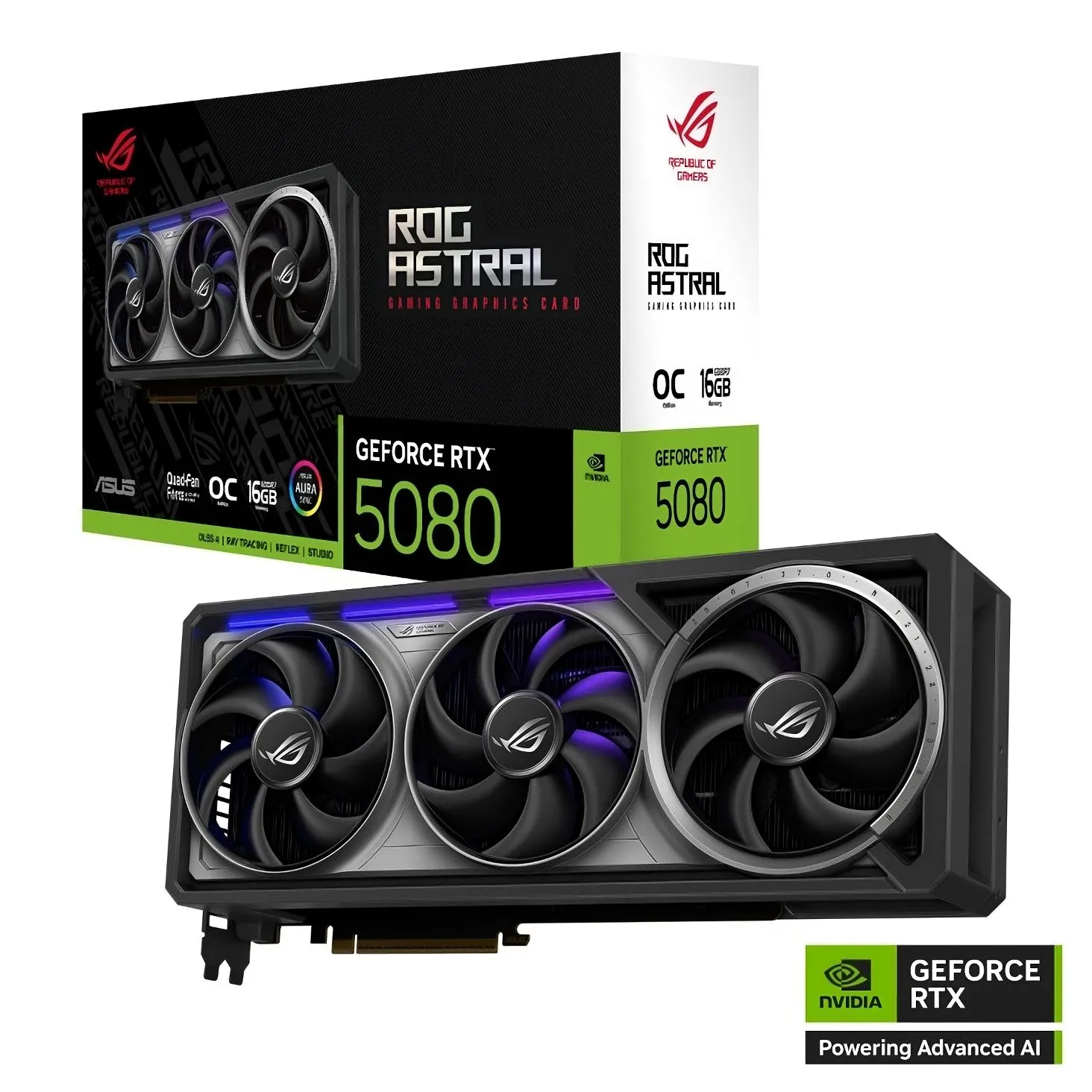Hình ảnh cận cảnh card đồ họa ASUS ROG Astral GeForce RTX 5080 OC Edition với thiết kế tản nhiệt cao cấp
