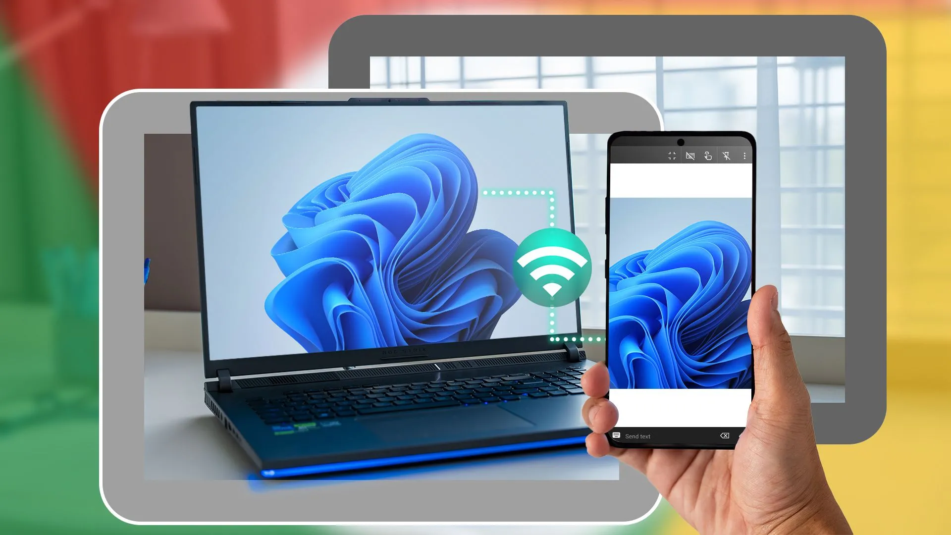 Hình ảnh điện thoại Android điều khiển laptop Windows 11 từ xa, minh họa khả năng truy cập PC