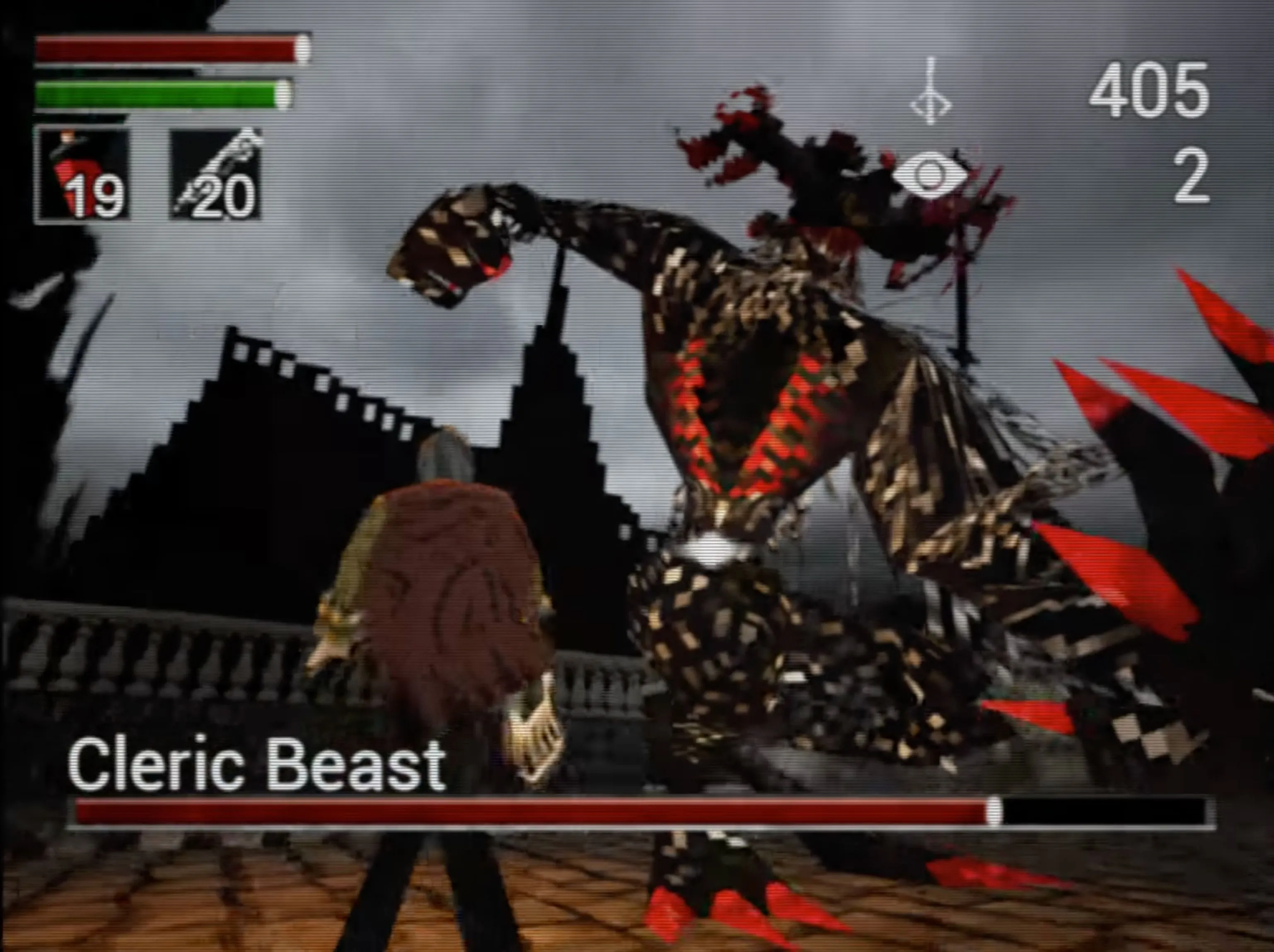 Hình ảnh game Bloodborne được tái tạo theo phong cách đồ họa PlayStation 1 với hiệu ứng texture lỗi thời đặc trưng của game demake.