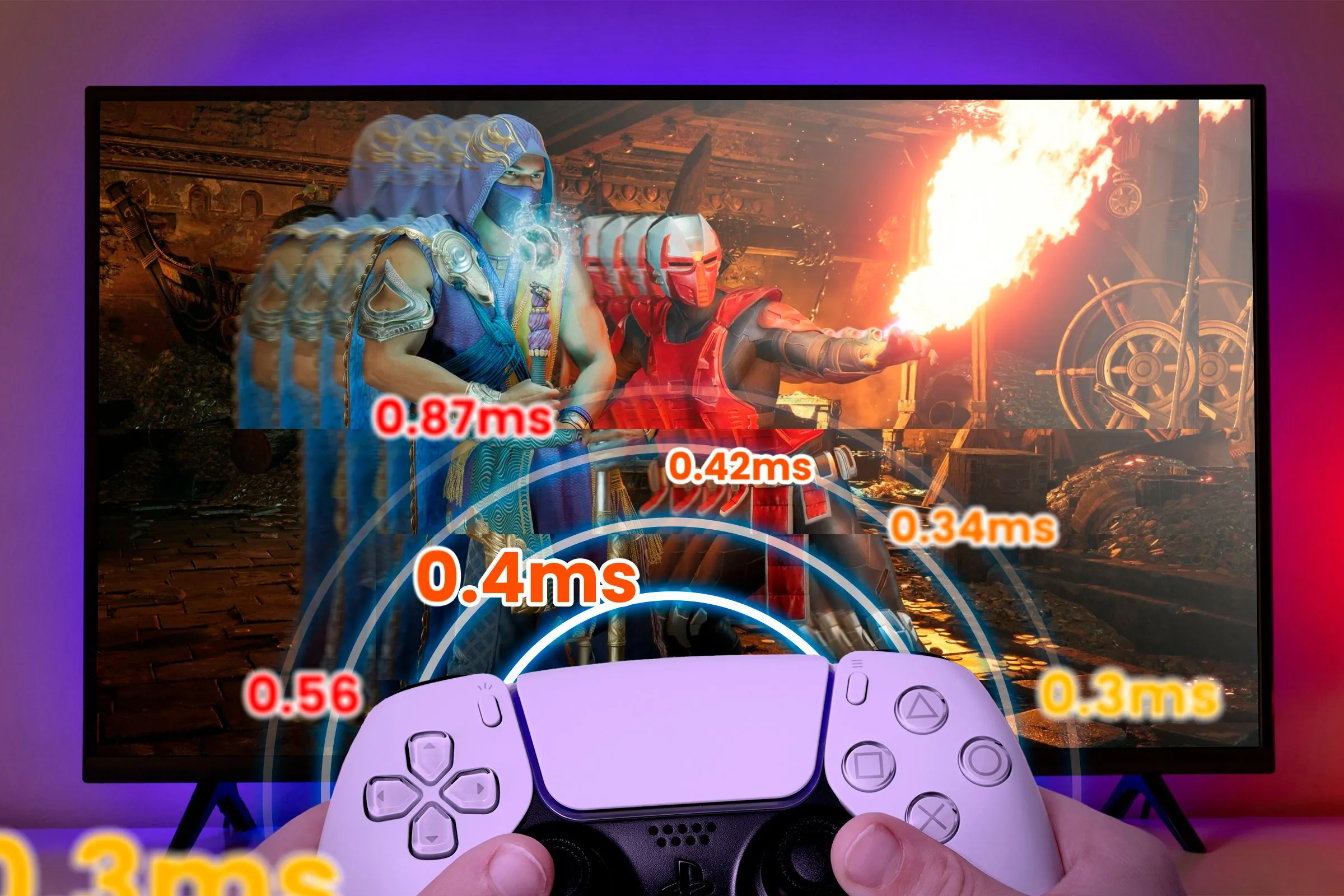 Hình ảnh minh họa độ trễ đầu vào (input lag) trên TV khi chơi game bằng bộ điều khiển, nhấn mạnh tầm quan trọng của tốc độ phản hồi trong game cạnh tranh.
