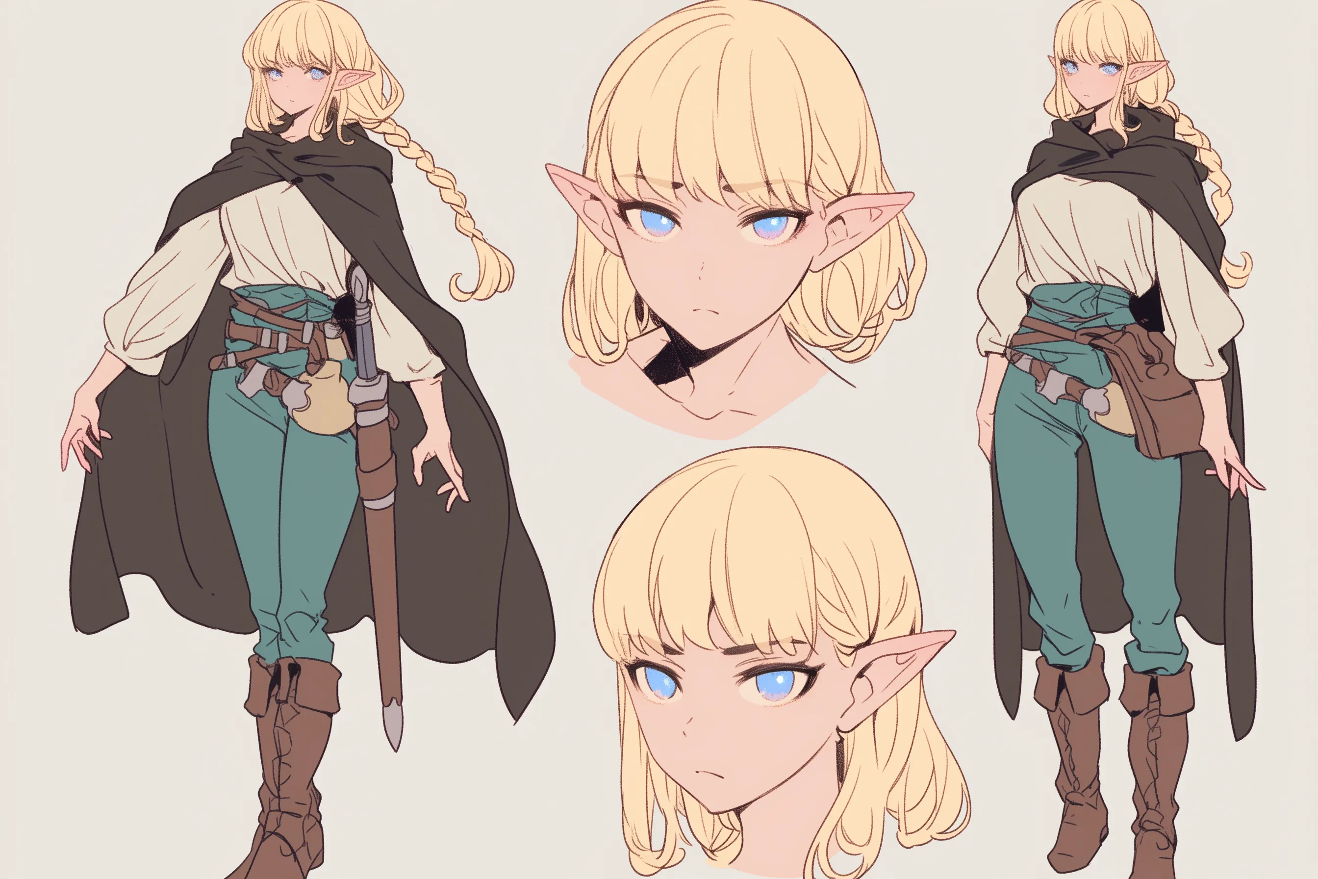 Hình ảnh mô tả một chiến binh elf giả tưởng phong cách anime từ nhiều góc độ khác nhau, thể hiện chi tiết thiết kế nhân vật và khả năng tùy chỉnh của character creator.
