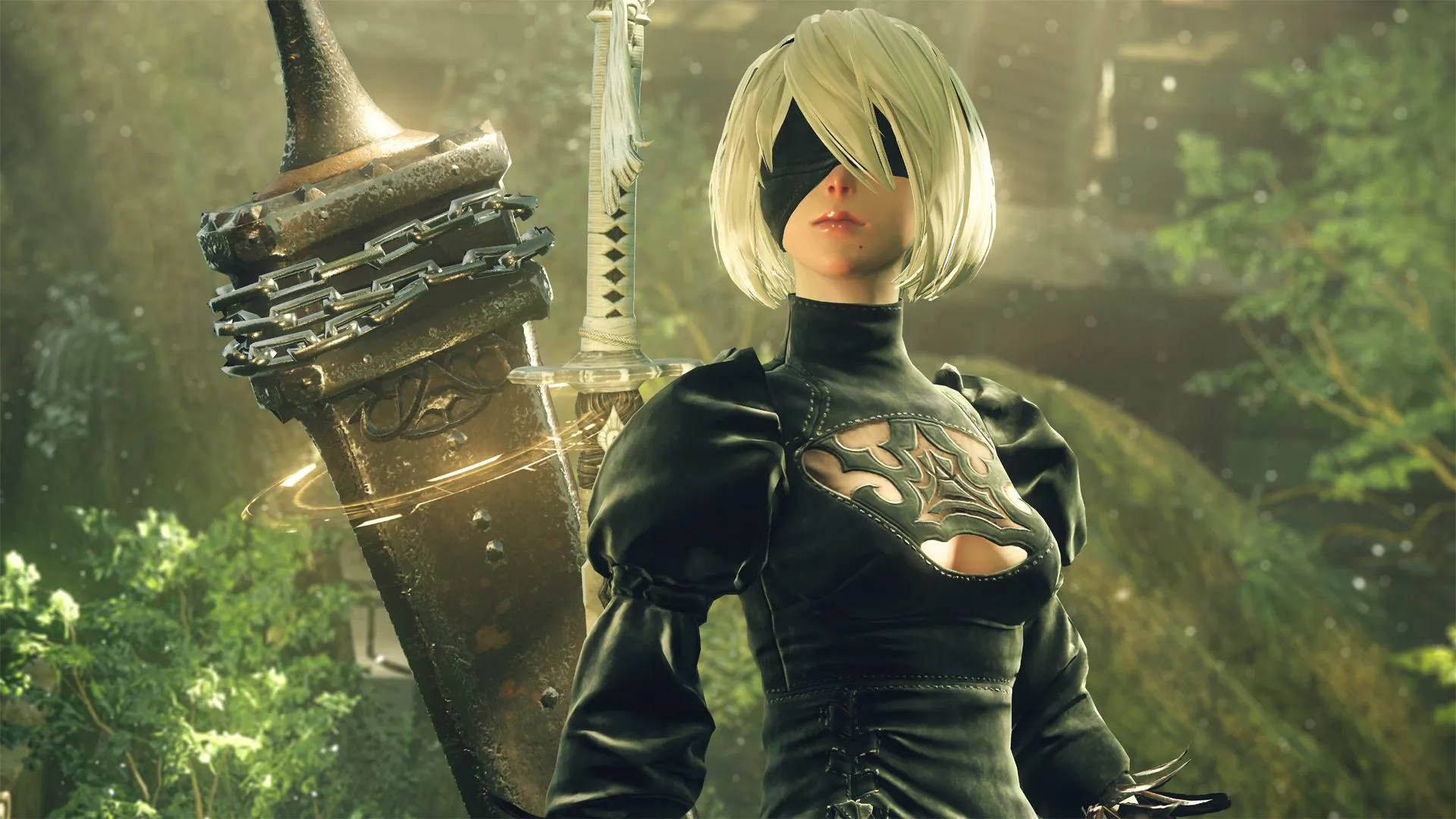 Hình ảnh nhân vật 2B trong NieR: Automata với thanh kiếm lớn, đại diện cho game JRPG chất lượng cao trên PC.