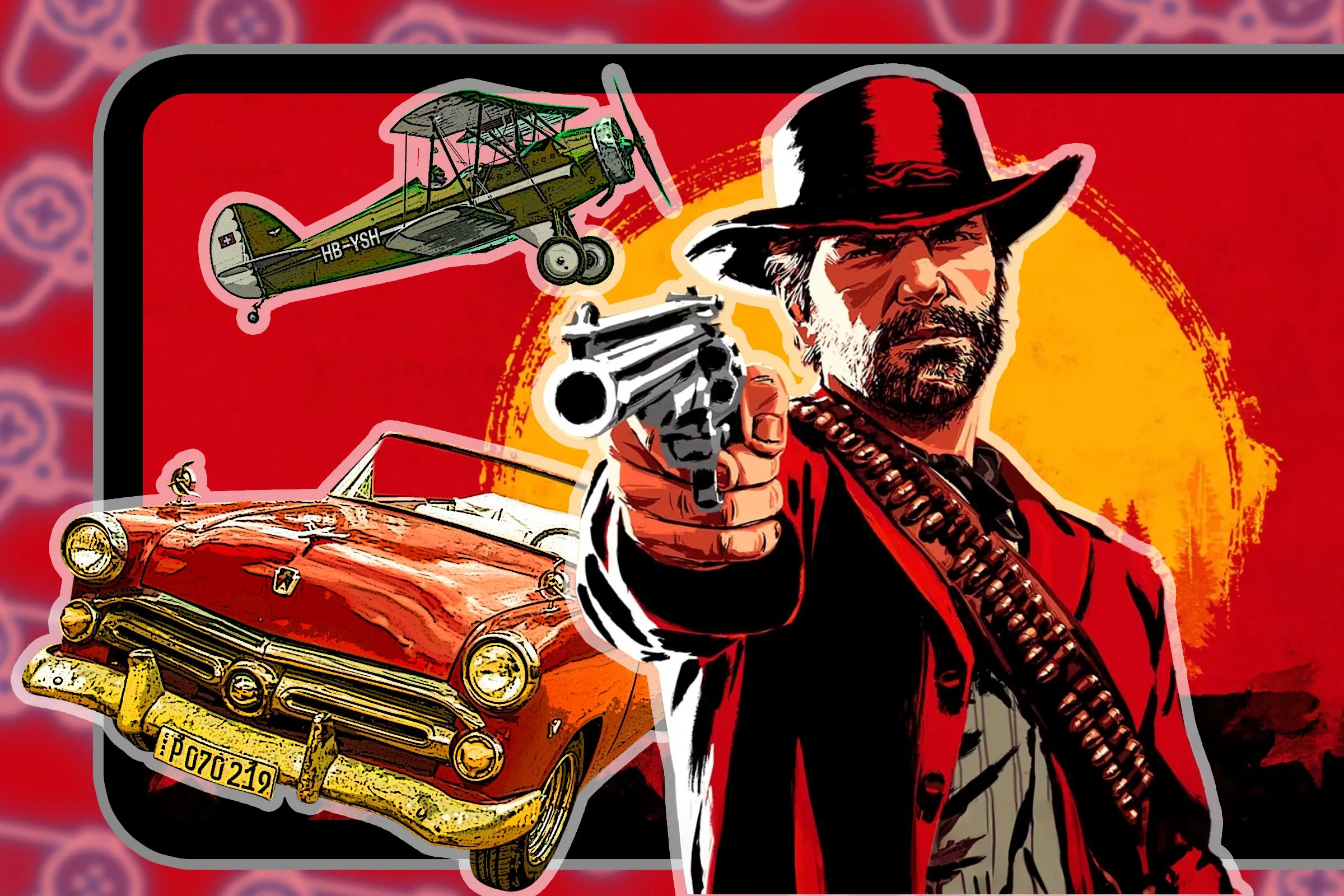 Hình ảnh quảng cáo Red Dead Redemption 2 với ô tô và máy bay, minh họa khả năng mod đa dạng cho game PC.