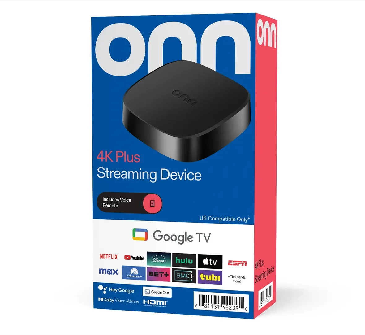 Hình ảnh thiết bị truyền phát Onn 4K Plus Google TV Box từ Walmart