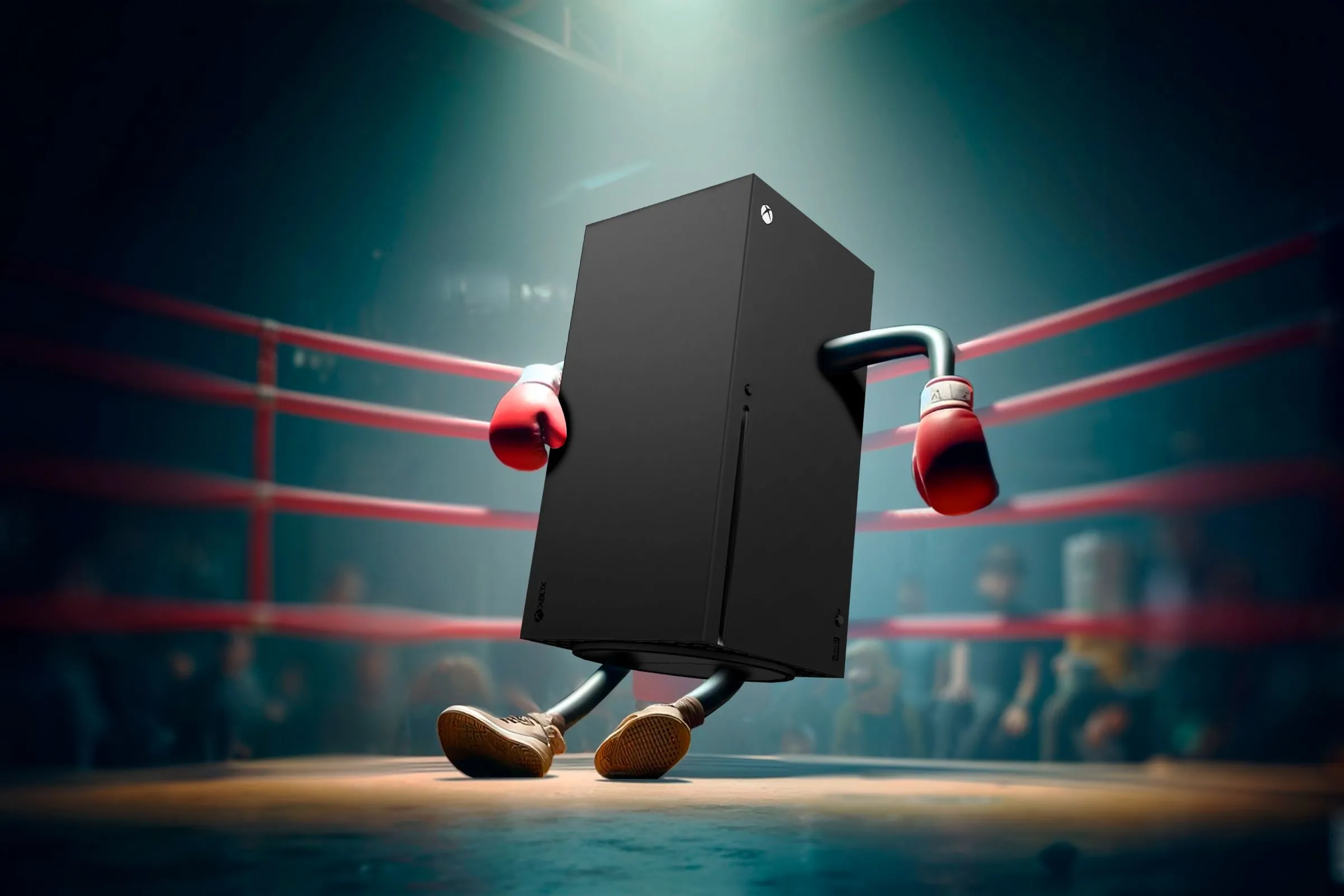 Hình ảnh Xbox Series X bị &quot;đánh bại&quot; trong sàn đấu boxing, minh họa sự thất thế về doanh số phần cứng của Xbox trong cuộc chiến console.