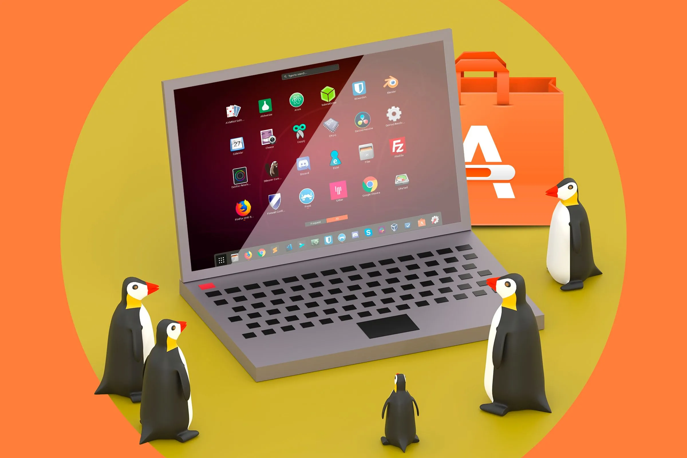 Hình minh họa máy tính xách tay chạy ứng dụng Linux với các chú chim cánh cụt đang quan sát, thể hiện sự đa dạng ứng dụng.