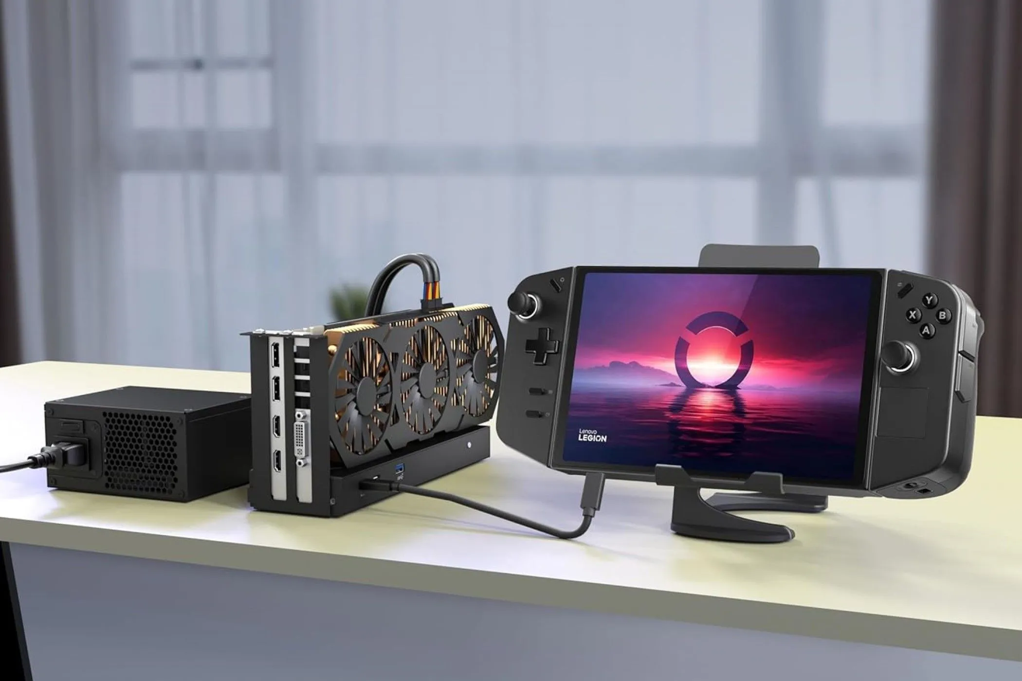 Hộp đựng eGPU mini Thunderbolt 3 của TREBLEET với card đồ họa và bộ nguồn được lắp đặt, kết nối với Lenovo Legion GO.
