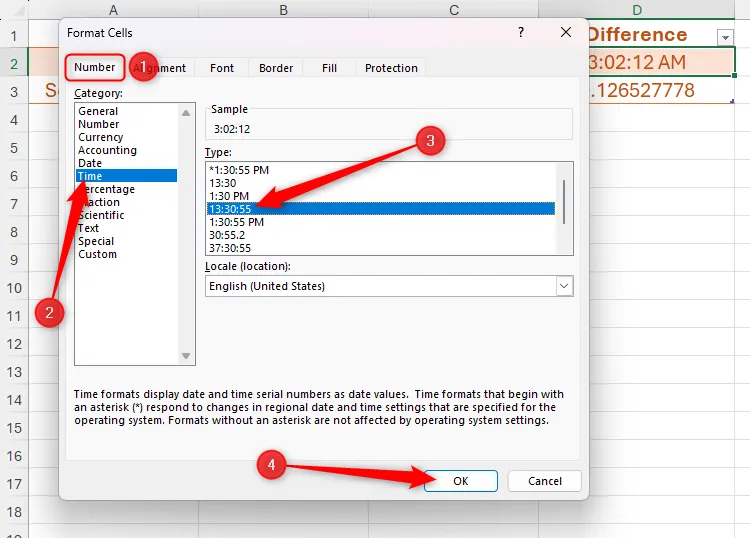 Hộp thoại Format Cells trong Excel chọn định dạng thời gian chỉ hiển thị số