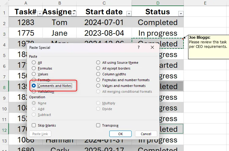 Hộp thoại Paste Special hiển thị tùy chọn &quot;Comments And Notes&quot; để sao chép