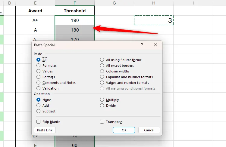 Hộp thoại Paste Special hiển thị với cột &quot;Threshold&quot; được chọn trong Excel