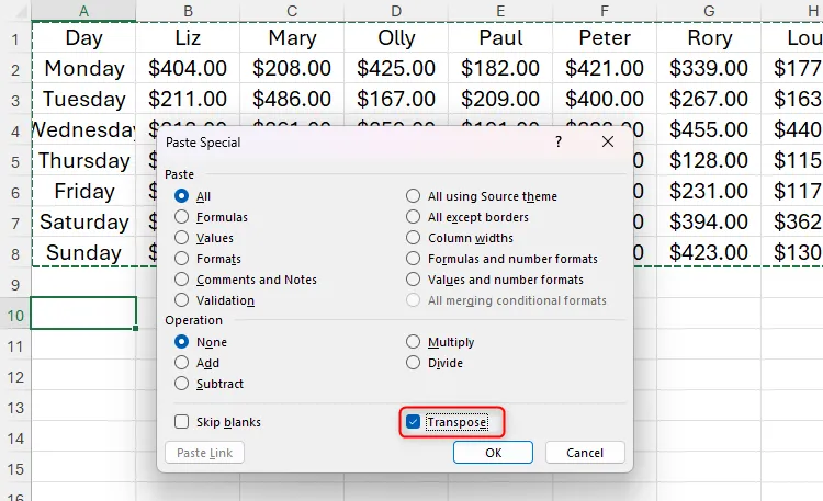 Hộp thoại Paste Special với tùy chọn &quot;Transpose&quot; được chọn trong Excel