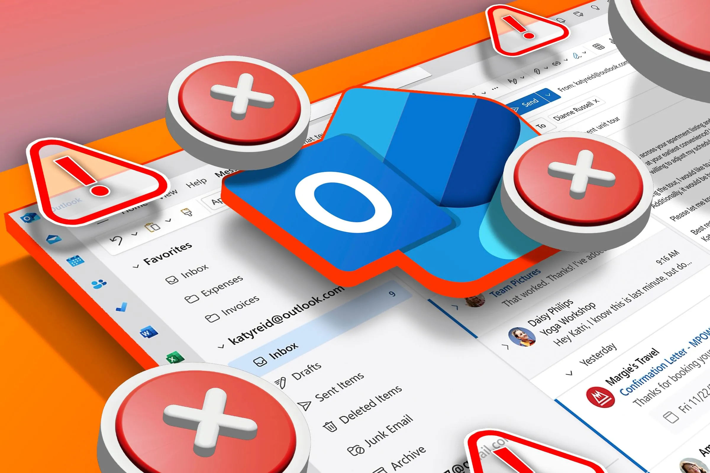Hộp thư đến Microsoft Outlook với logo mới và biểu tượng cảnh báo lỗi