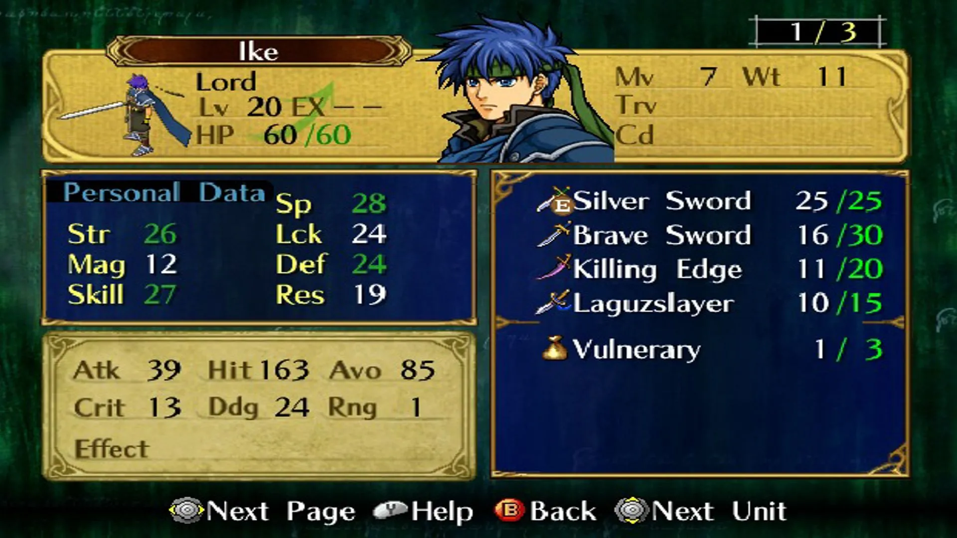 Ike với các chỉ số tối đa trong Fire Emblem: Path of Radiance, cho thấy sự đầu tư vào nhân vật yêu thích sau khi vượt qua thử thách.