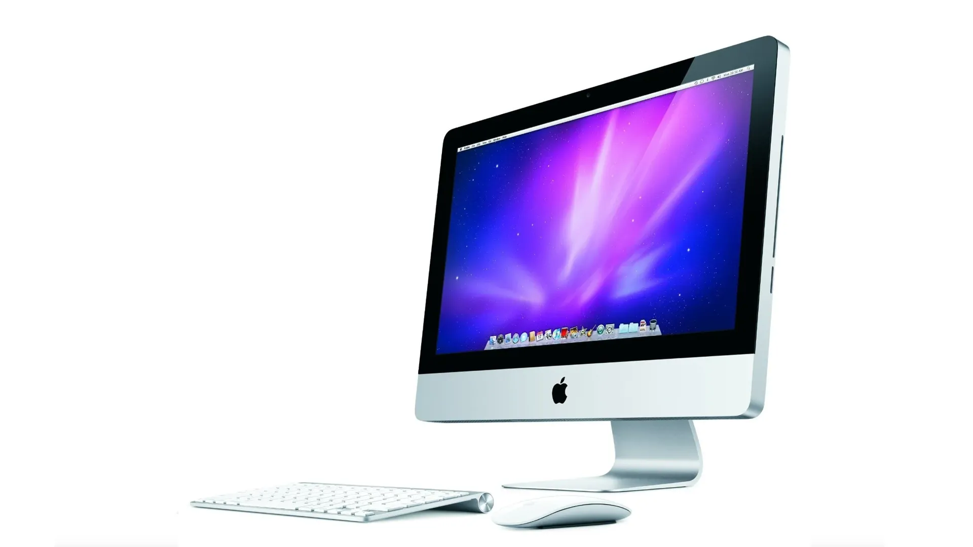 iMac nhôm đời đầu với mặt trước bạc và mặt sau nhựa đen, trên nền trắng