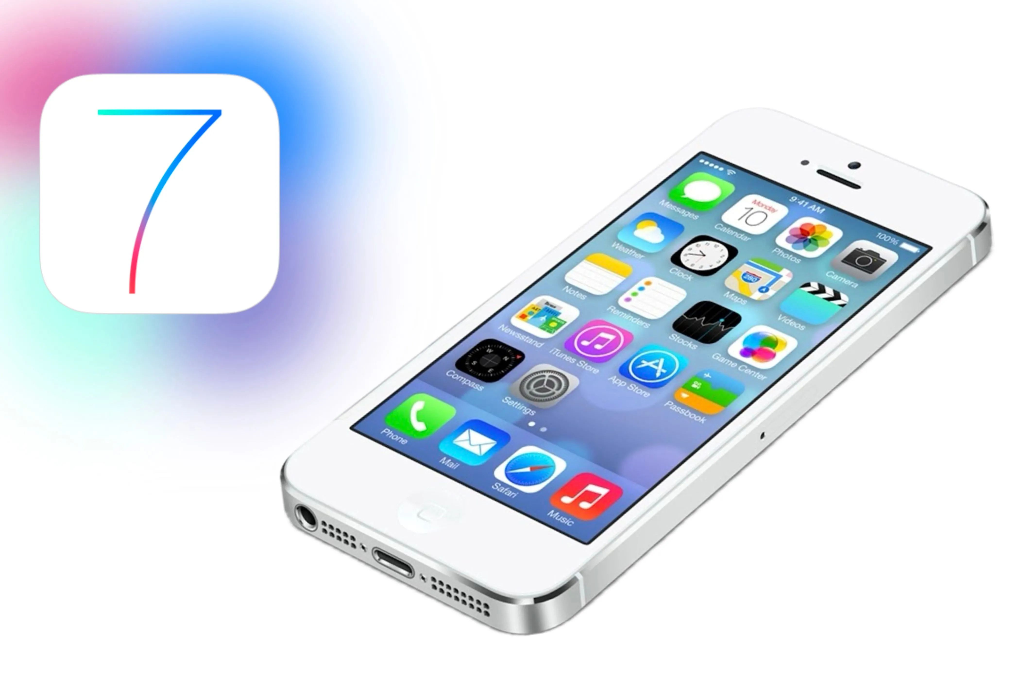 iPhone với iOS 7 đang chạy bên cạnh các màu sắc và biểu tượng ứng dụng.