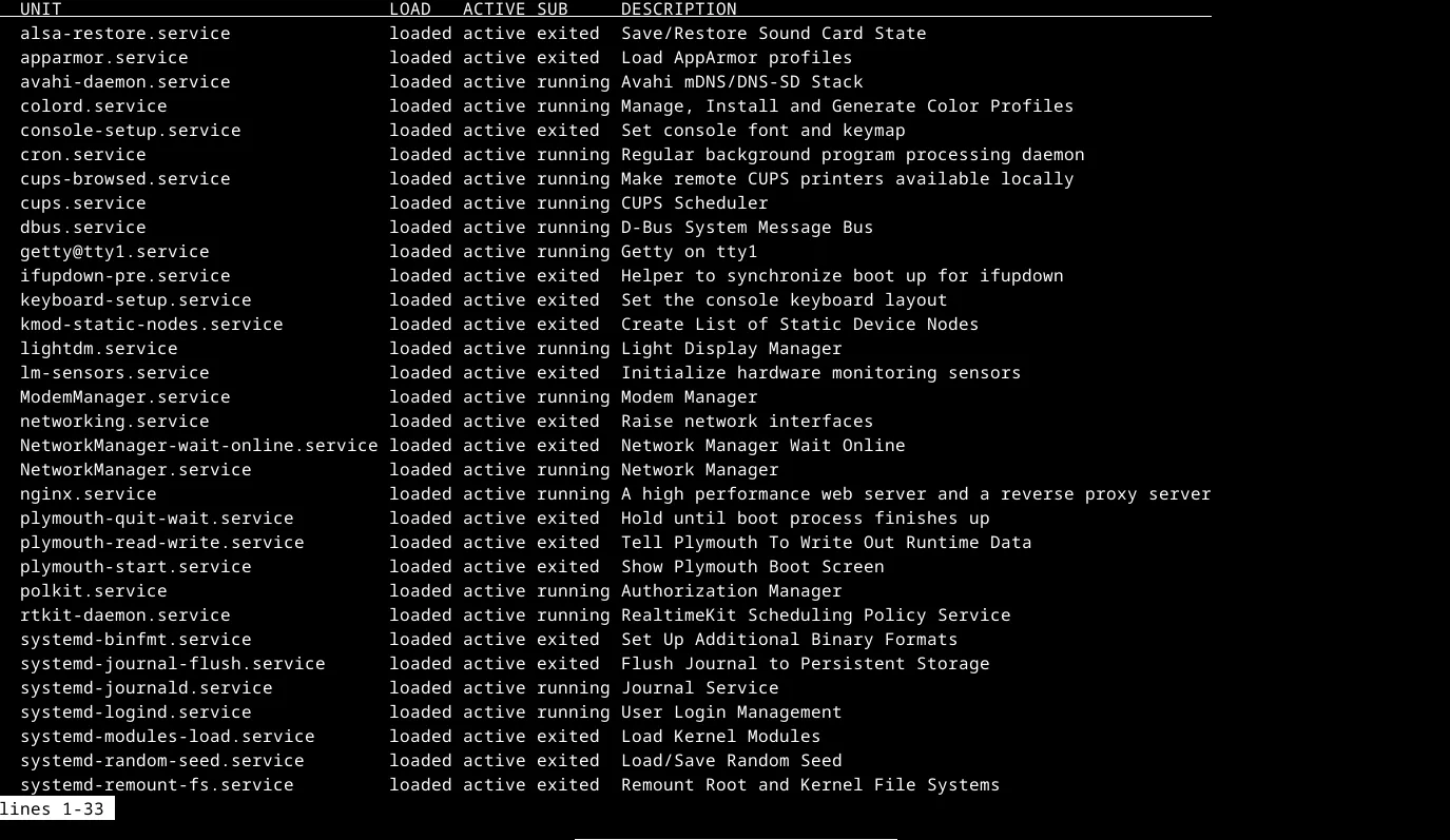 Kết quả hiển thị các dịch vụ (services) đang hoạt động trên hệ thống Linux thông qua lệnh systemctl list-units --type=service.