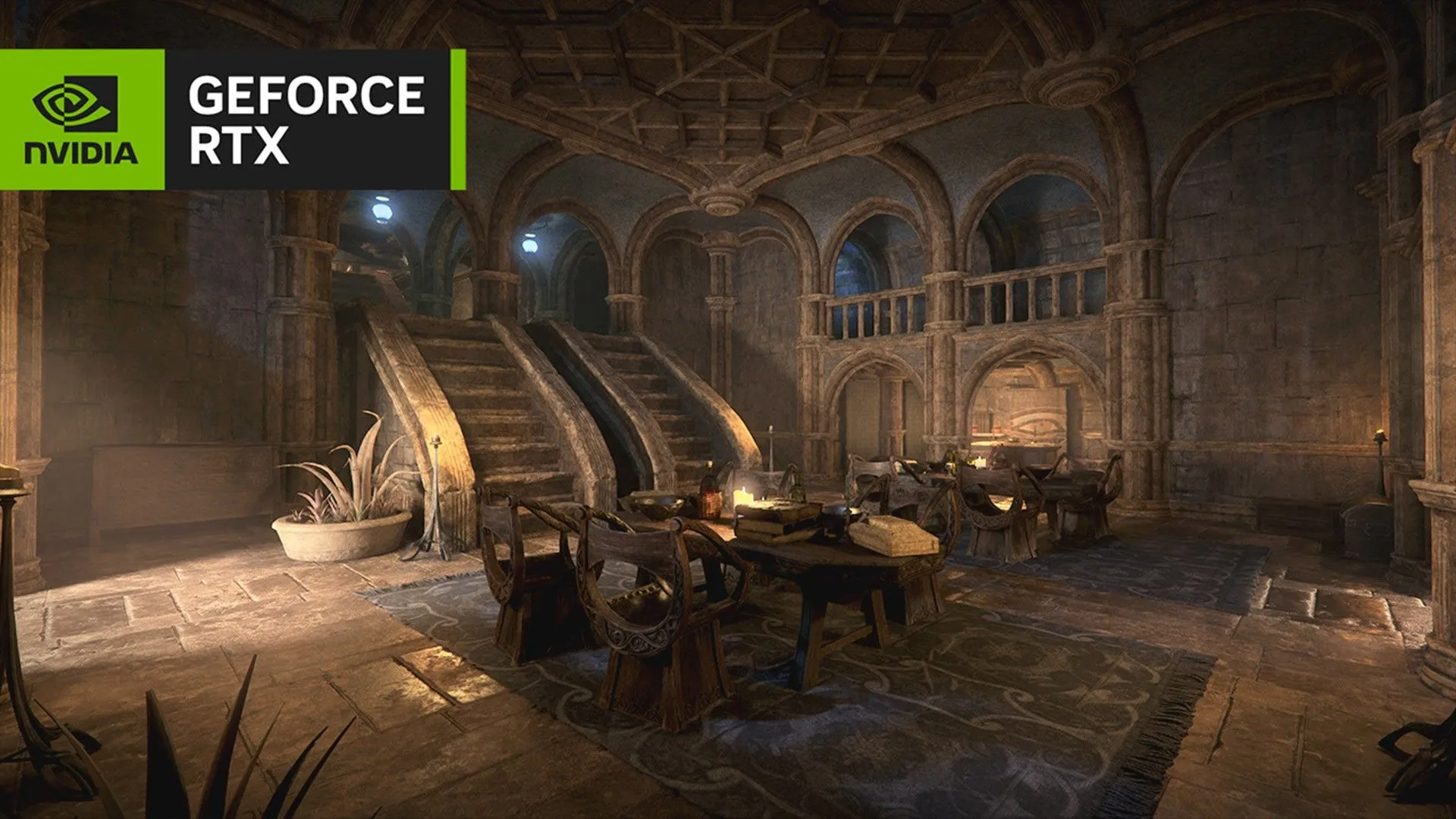 Không gian phòng ăn trong game Morrowind được nâng cấp đồ họa ấn tượng nhờ NVIDIA RTX Remix