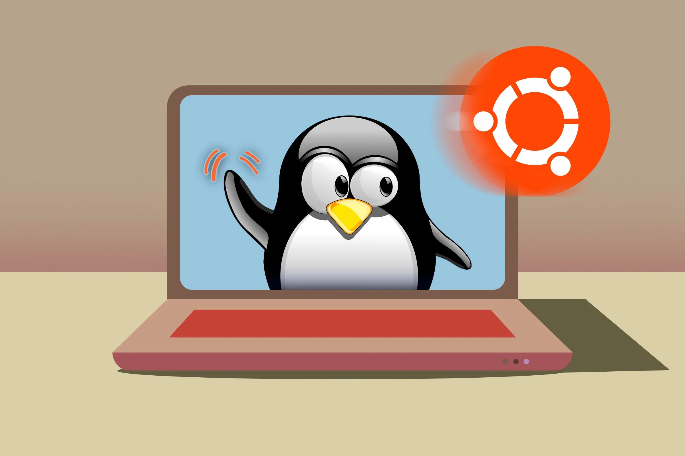 Laptop với hình ảnh linh vật Tux vẫy chào logo Ubuntu trên màn hình.