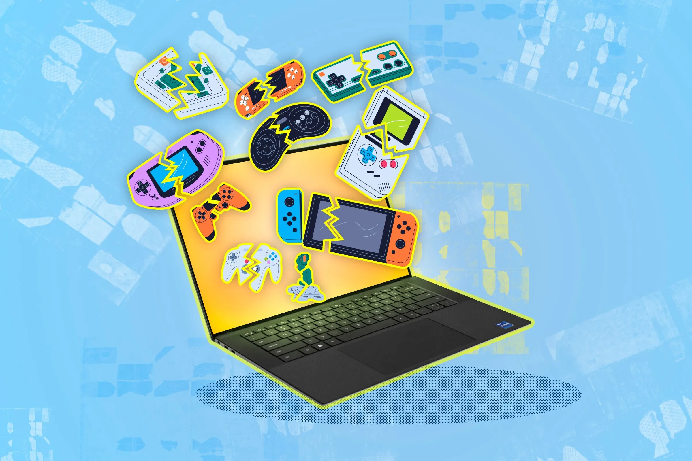Laptop với nhiều tay cầm game bị hỏng, tượng trưng cho khả năng giả lập game console trên PC, mở rộng thư viện game.