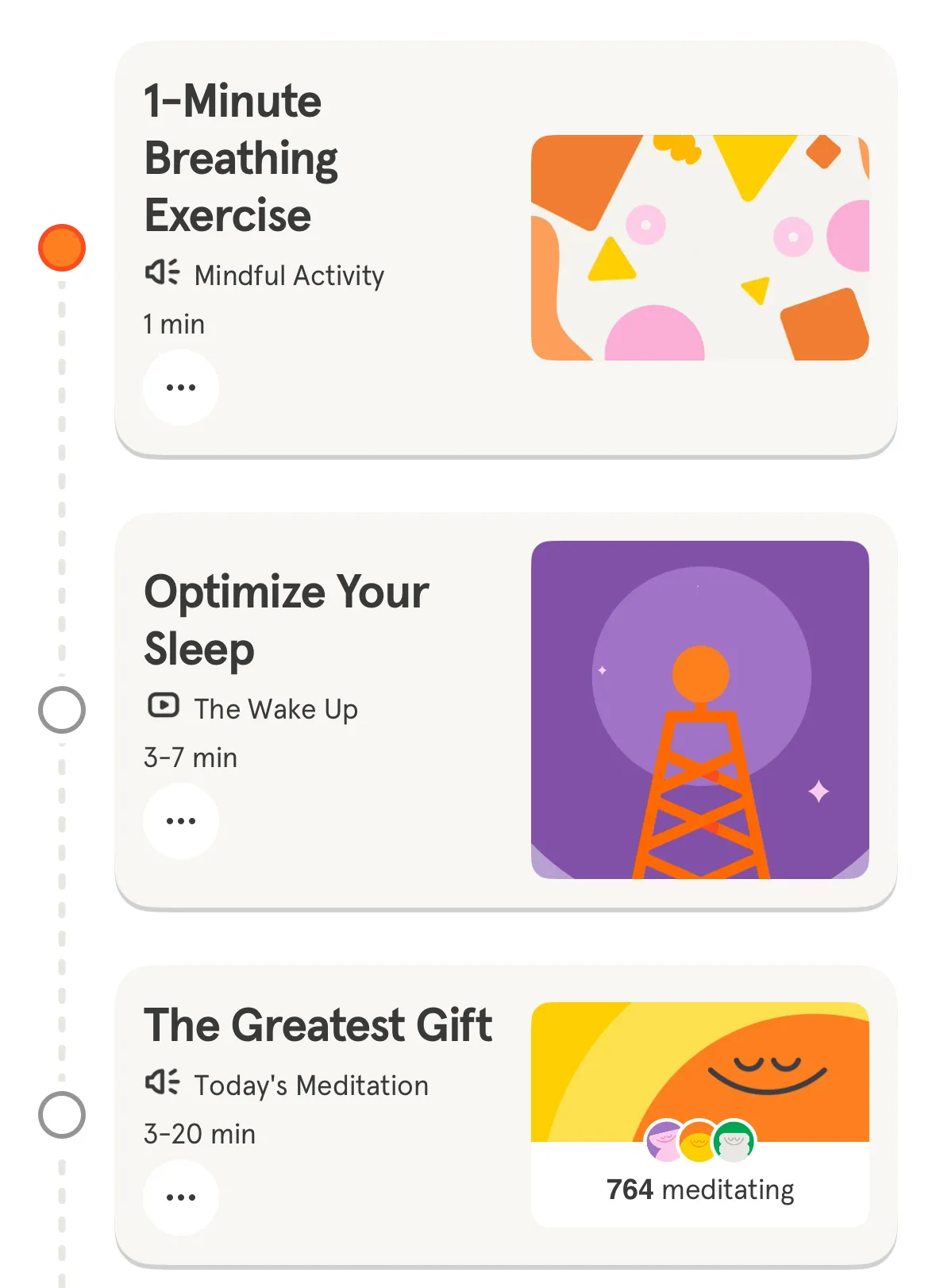 Lịch trình các bài tập thiền định và chánh niệm trong ứng dụng Headspace.